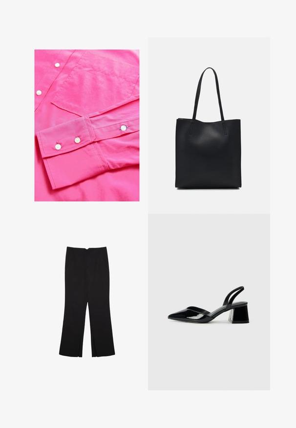 Helles pinkes Langarmhemd mit glatter Textur, das über Knopfverschlüsse und eine Brusttasche verfügt. Inklusive umgeschlagener Ärmel mit Knopfdetails.; Schwarze Hose mit geradem Schnitt, ausgestattet mit Fronttaschen und Seitenschlitzen am Saum. Hergestellt aus weichem, glattem Stoff. Geeignet für verschiedene Anlässe.; Schwarze Lackleder-Slingback-High Heels mit spitzem Schuh und einem geometrischen Blockabsatz. Verfügt über ein schlankes, minimalistisches Design und eine glatte Textur.; Schwarze Laptoptasche aus Leder mit glatter Textur, rechteckiger Form und zwei langen Griffen. Keine sichtbaren Beschläge oder Verzierungen.