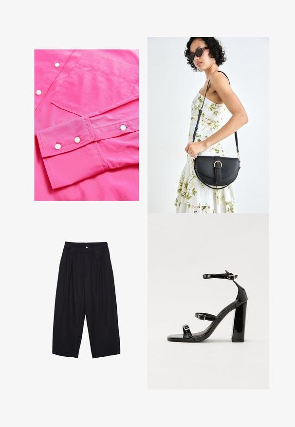 Svetlá ružová košeľa s dlhým rukávom a hladkou textúrou, s gombíkovým zapínaním a vreckom na prsiach. Obsahuje srolované manžety s gombíkovými detailmi.; Čierne polyesterové culotte nohavice s elastickým pásom, dvoma prednými záhybmi a voľným strihom. Žiadne viditeľné vzory ani detaily z kovu.; Čierne lakované sandále na podpätku so štvorcovou špičkou, navlečenými remienkami okolo členku a striebornými prackami. Disponujú masívnym blokovým podpätkom pre stabilitu.; Čierna kožená kabelka s zaobleným tvarom, odnímateľným popruhom a zlatými doplnkami. Kabelka má klopu s detailom s prackou.