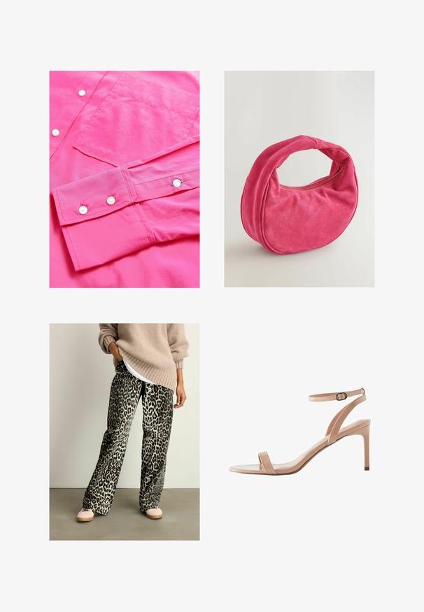 Spilgti rozā garu piedurkņu krekls ar gludu tekstūru, kam ir pogu aizdare un krūšu kabata. Iekļauj arī ruļļveida aproces ar pogu detaļām.; Lauku raksta leoparda printa platās bikses, kas izgatavotas no mīksta auduma, ar elastīgu jostasvīru un melnbaltu krāsu shēmu. Saskaņotas ar bēša džemperi.; Next FOREVER COMFORT SIMPLE - Sandales - nude; Next MINI HELD - Rokassoma - pink