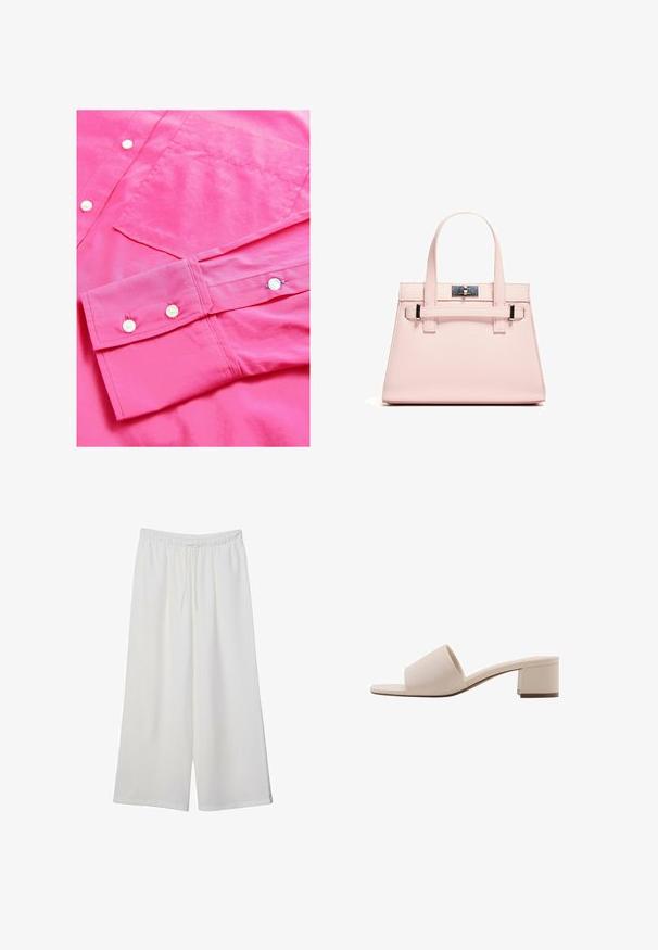 Lys pink langærmet skjorte med en glat tekstur, der har knaplukninger og en brystlomme. Inkluderer opbrugte manchetter med knapdetaljer.; Hvide vidde bukser lavet af letvægtsstof, med en elastisk talje og snøre for justerbar pasform. Glat tekstur.; Beige blokhælede sandal med en bred rem og åben tå. Glat materiale og strømlinet design. Kort, solid hæl for stabilitet.; Rosa struktureret håndtaske lavet af tekstureret læder, med to top håndtag, en låseanordning og kontrasterende metalaccenter.