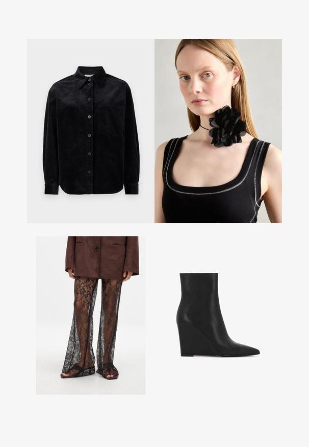 Čierna kordurová košeľa s dlhým rukávom, gombíkmi na prednej strane, jedným vreckom na hrudi a špicatým golierom na bielom pozadí.; Čierny rebrovaný tielko s okrúhlym výstrihom, s strieborným logom Diesel v strede. Tkanina je textúrovaná a priliehajúca.; Čierne čipkované rozšírené nohavice s kvetinovým vzorom, priehľadnou textúrou a širokými nohavicami, skombinované s hnedými šľapkami.; Čierne klínové ankel topánky vyrobené z textúrovanej kože; majú špicatú špičku a hladký, elegantný dizajn s tvarovanou siluetou.; Čierny kvetinový náhrdelník s lístkami v vrstvenom prevedení, nosený s čiernym rebrovaným tielkom s striebornými akcentmi pozdĺž výstrihu a ramien.