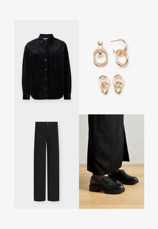 Czarna koszula z kordurowej tkaniny z długim rękawem, z guzikami z przodu, pojedynczą kieszenią na piersi i spiczastym kołnierzykiem na białym tle.; Czarne jeansy o szerokich nogawkach wykonane z denimu, z zapięciem na guziki i pięcioma kieszeniami. Gładka faktura i czysty, minimalistyczny design.; Czarne skórzane buty z zaokrąglonym noskiem, grubą gumową podeszwą i sznurowadłami. Projekt charakteryzuje się dekoracyjnym przeszyciem wzdłuż wierzchu.; Złote kolczyki z mieszanką geometrycznych kształtów: kwadrat, okrąg i połączone owalne wzory z polerowanym wykończeniem.