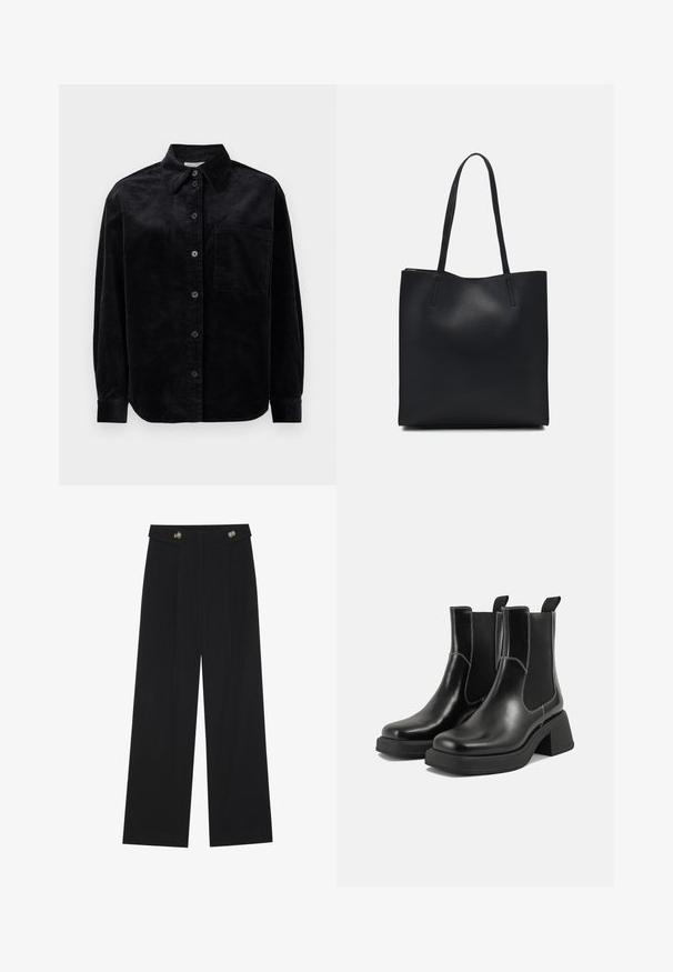 Sorte kordfløyels-skjorte med lange ermer, knapper foran, enkelt brystlomme og spiss krage på hvit bakgrunn.; Svart vide bukser med høy midje, knappdetaljer på midjebåndet og frontplisser.; Sorte lær Chelsea støvler med en kraftig hæl, elastiske sidepaneler og kontrasterende hvid syning. Teksturert overflate.; Svart lær tote bag med glatt tekstur, rektangulær form og to lange håndtak. Ingen synlige deler eller dekorasjoner.