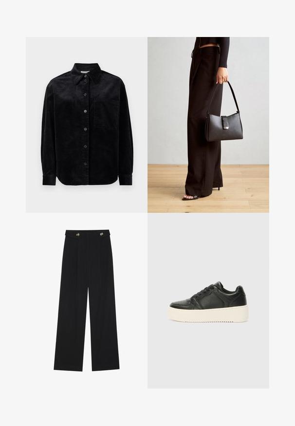 Mustmust värvi pika varrukaga särk, millel on nööbid ees, üks rinna tasku ja terav krae valgel taustal.; Mustad laiad püksid kõrge vöökoha ja nööpdetailidega vööandil, esikortsudega.; Must musta sneaker sileda, millel on sujuv tekstuur, paks kreemikaalane tald, ümmargune varvas ja klassikaline paelaga disain. Õrnad õmblusdetailid.; Must musta kott, millel on struktureeritud kuju, sile tekstuur ja metallist klamber. Kombineeritud laiate mustade pükstega ja avatud varvaste sandaalidega puidust põrandal.