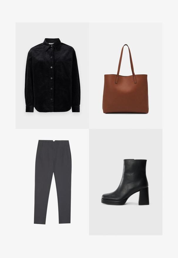 Black corduroy long-sleeve shirt with buttons down front, single chest pocket, and pointed collar on white background.; Dark gray tapered trousers with side pockets and front pleats, designed for a tailored fit.; Black leather ankle boot with a block heel and platform sole, viewed from the side on a plain white background.; Brown leather tote bag with a smooth texture, open top design, and two shoulder straps. Features minimal stitching and no visible hardware.