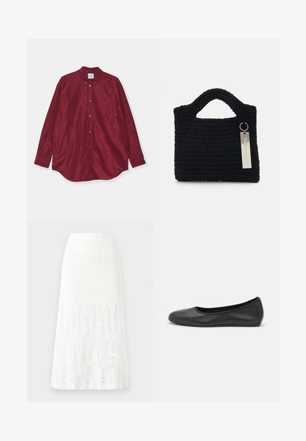 Burgundy, long-sleeve shirt made of smooth fabric. Features a button-down collar, front pocket, and subtle sheen. Buttons are silver-colored.; Knit white midi skirt featuring a textured pattern with vertical lines and cut-out details near the hem. Elastic waistband. Soft material.; Black leather ballet flat with a rounded toe, smooth texture, minimal stitching detail, and a flexible sole design.; Won Hundred MARSIELLE COMPUTER BAG UNISEX - Laptop bag - black