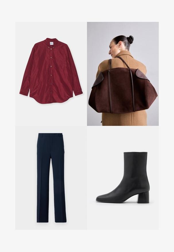 Chemise bordeaux à manches longues en tissu lisse. Elle dispose d'un col button-down, d'une poche à l'avant et d'un éclat subtil. Les boutons sont de couleur argent.; Pull cropped gris foncé avec un col montant, fabriqué en maille texturée, présentant des manches courtes et un ourlet inférieur droit.; Pantalons bleu marine en tissu lisse, présentant un design à jambe droite avec des plis avant et des poches latérales pour une allure soignée.; Bottine en cuir noir avec un bout pointu et un talon carré épais. Texture lisse avec un design sans coutures et descoutures minimalistes.; Sac à main en suede marron avec des accents en cuir foncé, présentant une forme structurée et des doubles poignées, porté sur l'épaule contre un manteau beige.