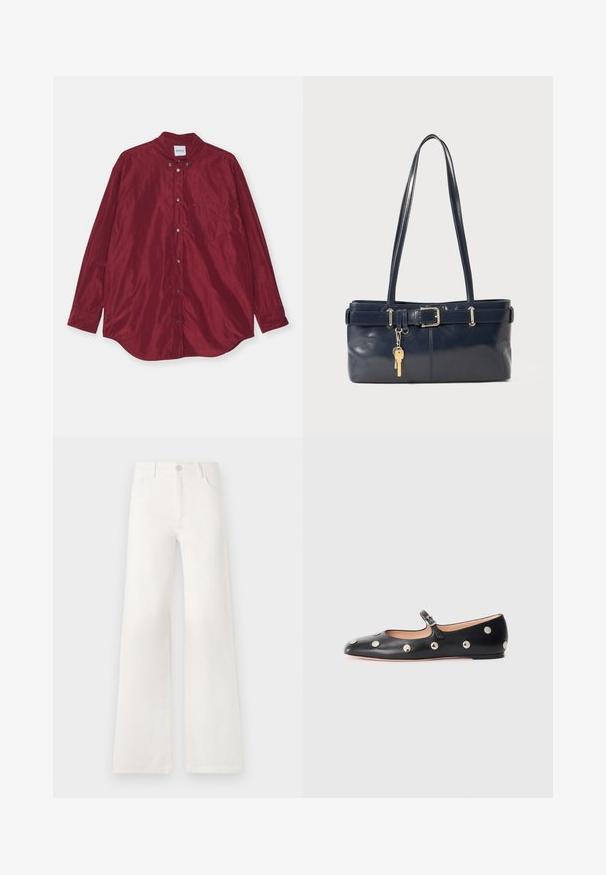 Bordeaux, langhandschirt gemaakt van gladde stof. Heeft een button-down kraag, voorzak en een subtiele glans. De knopen zijn zilverkleurig.; Witte, hoogwaist, wijde jeans van denim. Heeft een knoopsluiting, twee voorkruiszakken en zijnaadstiksel details.; Zwarte leren Mary Jane ballerina met een ronde neus, voorzien van zilveren ronde studs en een verstelbaar bandje met een gesp.; Marine leren handtas met twee lange hengsels, een gespdetail en een sleutelhanger eraan bevestigd. Heeft een gladde textuur en een rechthoekige vorm.