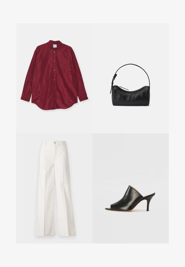 Burgundy, long-sleeve shirt made of smooth fabric. Features a button-down collar, front pocket, and subtle sheen. Buttons are silver-colored.; White wide-leg trousers made from cotton with a smooth texture. Features a front button, zipper fly, and four-pocket design.; Black leather open-toe mule with a sleek, curved design, high stiletto heel, and smooth texture. The interior features a contrasting light color.; Black leather shoulder bag with a curved design, zip closure, and a slim strap. Features a smooth texture and subtle stitching details.