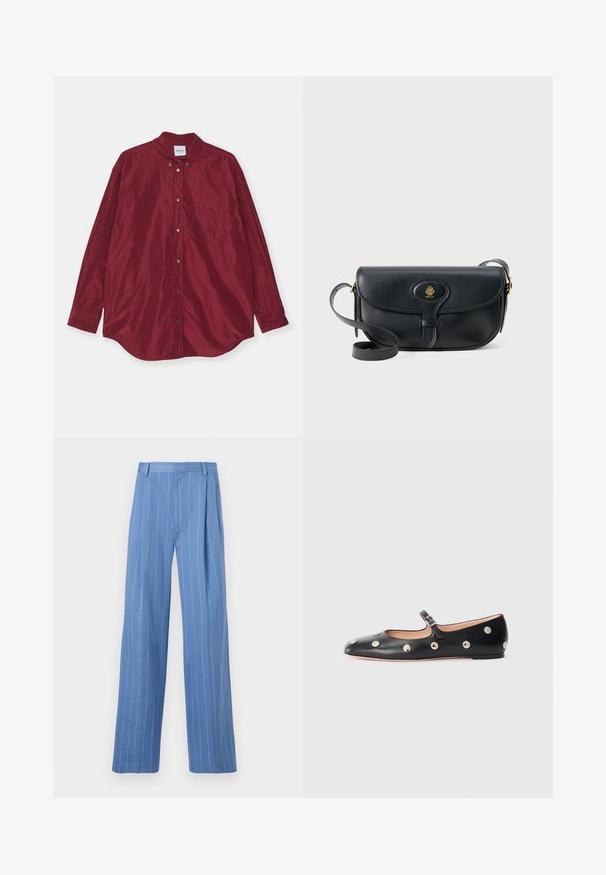 Bordeaux, langhandschirt gemaakt van gladde stof. Heeft een button-down kraag, voorzak en een subtiele glans. De knopen zijn zilverkleurig.; Lichtblauwe wijde broek met verticale witte strepen. Gemaakt van een gladde stof, met een voorplooien en een strakke tailleband.; Zwarte leren Mary Jane ballerina met een ronde neus, voorzien van zilveren ronde studs en een verstelbaar bandje met een gesp.; Zwarte leren crossbody tas met een klep-sluiting en gouden logo detail. Heeft een lange strap en een gladde textuur.