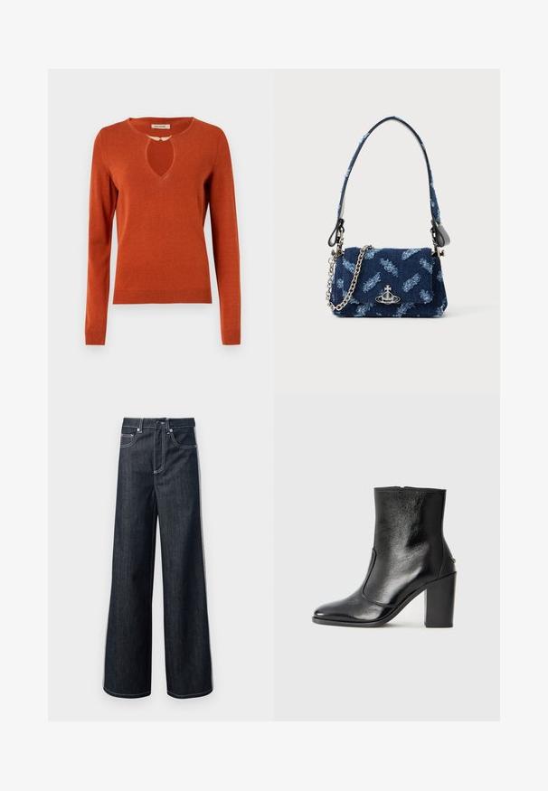 Rostpruun särk pika varrukaga, ümmarguse kaelusega, millel on võtmeaugu lõige, ja soonikuga mansetid ning serv. Pehme kudumise tekstuur.; Tumedatest sinistest laia jalgadega teksad, valmistatud denimist. Omadusteks on nupuga kinnitamine, viis taskut ja kontrastne valge õmblus. Sile tekstuur.; Must kõvale nahast pahklipsu saapad, millel on sile tekstuur, terav varvas ja paks kõrge kann. Omab külgavatust ja minimalistlikku disaini.; Tumesinise kangaga käekott, millel on tekstuuriga disain, hõbedased detailid ning eemaldatav kettrihm. Omab klapiga sulgemist ja logo aktsenti.