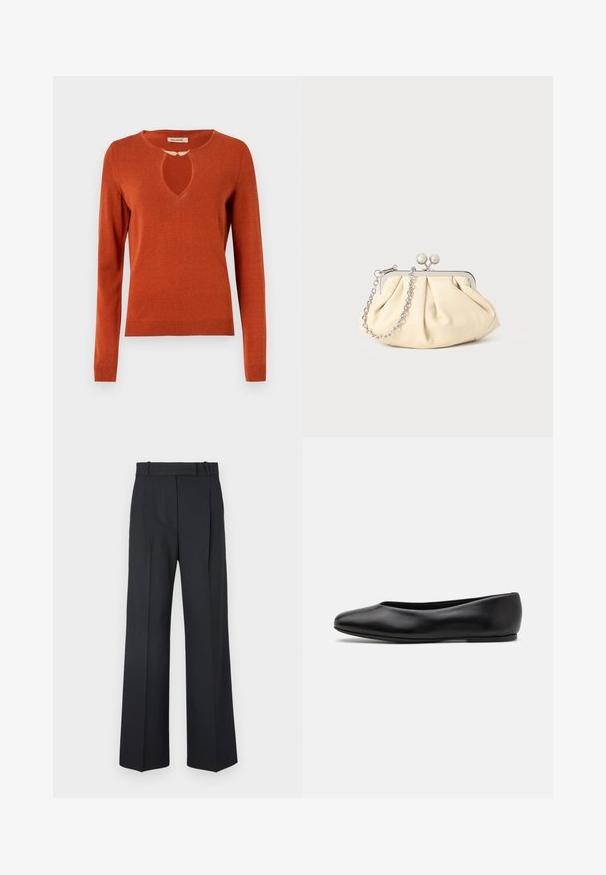 Rust-colored sweater with long sleeves, a rounded neckline featuring a keyhole cutout, and ribbed cuffs and hem. Soft knit texture.; Dark blue pinstriped trousers with a high waist, wide leg design, and no visible hardware or embellishments. Smooth texture and tailored fit.; Paul Smith TOPANGA - Ballet pumps - black; Pleated beige leather clutch with a silver metal frame, featuring two round decorative clasps and a silver chain strap.