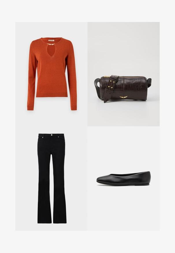 Rostpruun särk pika varrukaga, ümmarguse kaelusega, millel on võtmeaugu lõige, ja soonikuga mansetid ning serv. Pehme kudumise tekstuur.; Mustad teksased, millel on flared lõige, kaks esi-taskut, nööbiga kinnitamine ja sile tekstuur. Tootemärgistus on nähtav õmblustes.; Paul Smith TOPANGA - Baleriinad - black; Pruunist krokodillimustrist nahast kott, millel on silindri kuju, kuldse tooni metalldetailid ja eemaldatav rihm, kus on nupud.