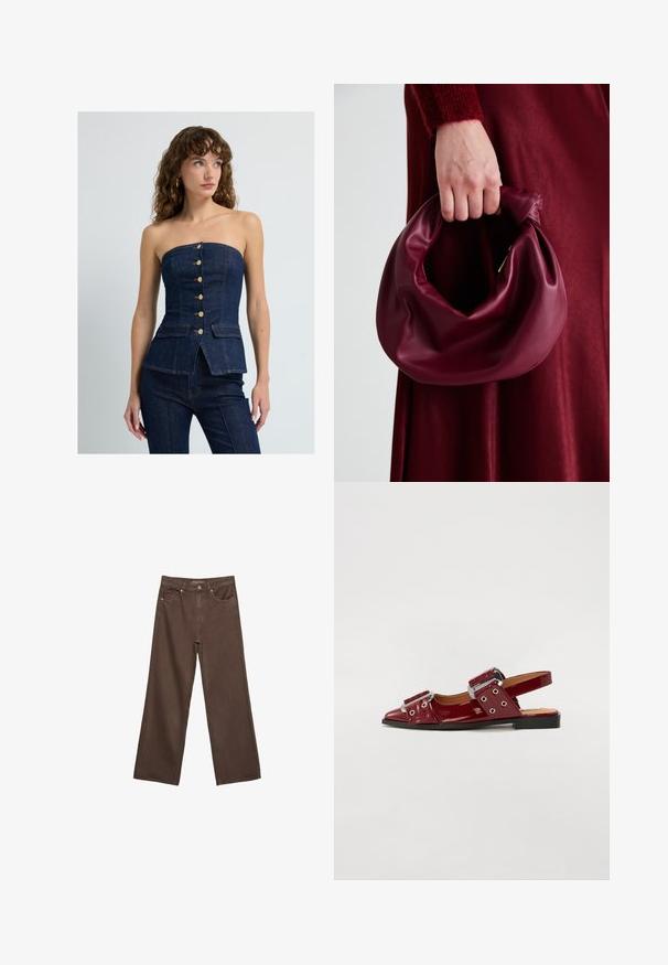 Ciemnoniebieski top bez ramiączek o dopasowanej sylwetce, z guzikami z przodu i dwiema kieszeniami naszytymi. Ma peplum u dołu i kontrastowe szwy.; Szerokie brązowe dżinsy wykonane z denimu, z wysokim stanem, przednimi kieszeniami i klasycznym zapięciem na guzik. Gładka faktura z subtelnym przeszyciem.; Burgundowe lakierowane buty na obcasie z noskiem w szpic, z dwoma regulowanymi paskami z klamrami i srebrnymi akcentami.; Bordowa skórzana torebka o miękkim, marszczonym wyglądzie i zaokrąglonym kształcie. Uchwyt jest zabezpieczony, co podkreśla gładką fakturę.
