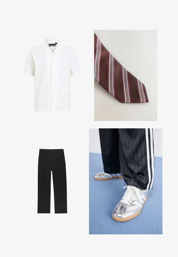 White short-sleeve shirt made of soft fabric, featuring a notched collar, six buttons down the front, and a relaxed fit.; Black pants with a straight-leg design, made from a smooth fabric. Features front pleats and a single button closure at the waist.; Metallic silver sneakers with white laces and three white stripes, paired with black pinstriped pants. Gum sole accent at the bottom.; Next STRIPE - Tie - red; Black fabric backpack with a rounded top, a front zip pocket, and adjustable shoulder straps. Simple design, no visible patterns or accents.