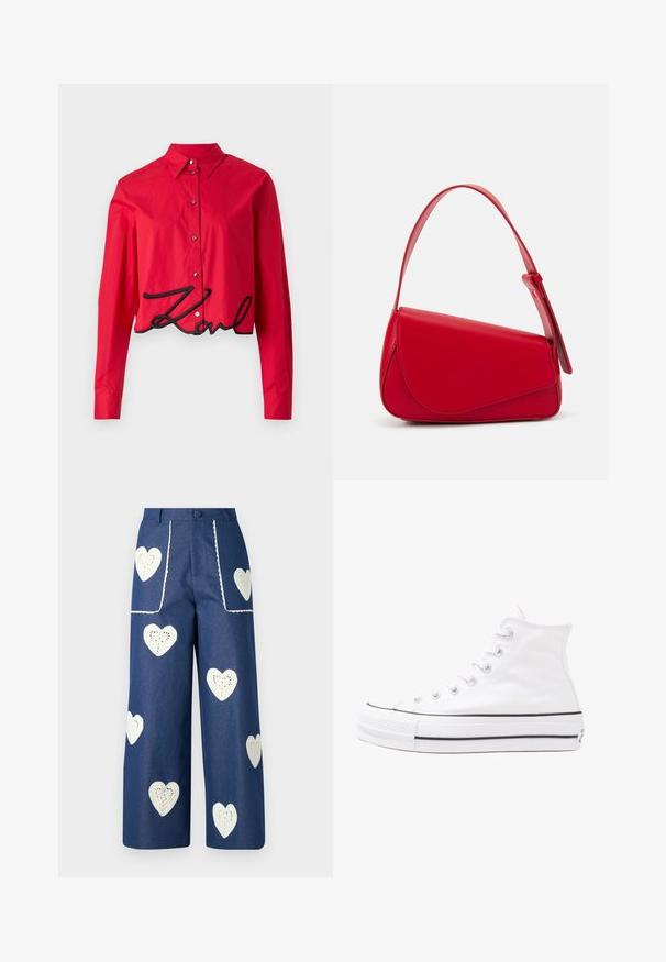 Red cropped shirt made from smooth material, featuring a pointed collar, long sleeves, black embroidered "Karl" at the hem, and button closure.; Sister Jane HEART TO HEART - Straight leg jeans - blue denim; White high-top canvas sneaker with black rubber sole, front rubber toe cap, and six eyelets for laces, featuring a clean, minimalist design.; Red leather handbag with an angular, geometric design. Features a single adjustable strap and a flap closure with stitched detailing.