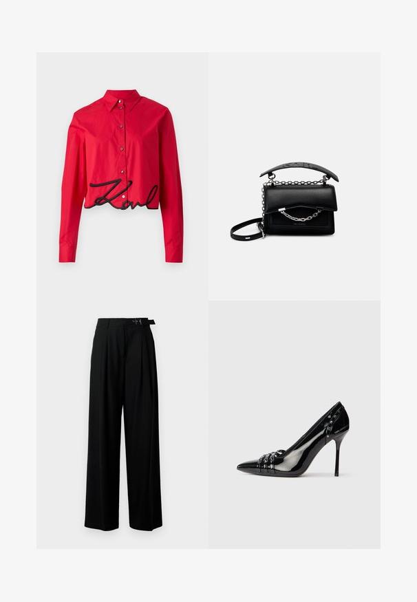 Red cropped shirt made from smooth material, featuring a pointed collar, long sleeves, black embroidered "Karl" at the hem, and button closure.; Black wide-leg trousers with a high waist, pleats at the front, and a belt featuring a buckle. Made from smooth, lightweight fabric.; Black patent leather stiletto heel shoe with pointed toe, three decorative straps with studs, and "Karl Lagerfeld" branding on heel.; Black leather handbag with a structured design, chain and handle accents, and a textured surface. Features a flap closure with branding visible.