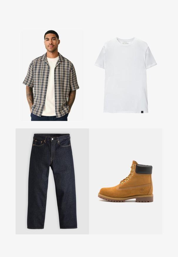 Korte mouwen overhemd met een marineblauw, crème en roestkleurig ruitpatroon, gemaakt van geweven stof met een ontspannen pasvorm en een open kraagontwerp.; Witte spiergetailleerde t-shirt van katoen. Ronde hals, korte mouwen, gladde textuur. Klein zwart logo-label aan de zoom. Eenvoudig ontwerp.; Donkerblauwe denim jeans met een rechte snit, vijf zakken, contrasterende oranje stiksels en een knoopsluiting. Geen zichtbare patronen of versieringen.; Tan suède enkelboot met zwart gevoerd kraagje, gouden metalen oogjes, witte stikdetails en een robuuste rubberen zool met uitgesproken profiel.