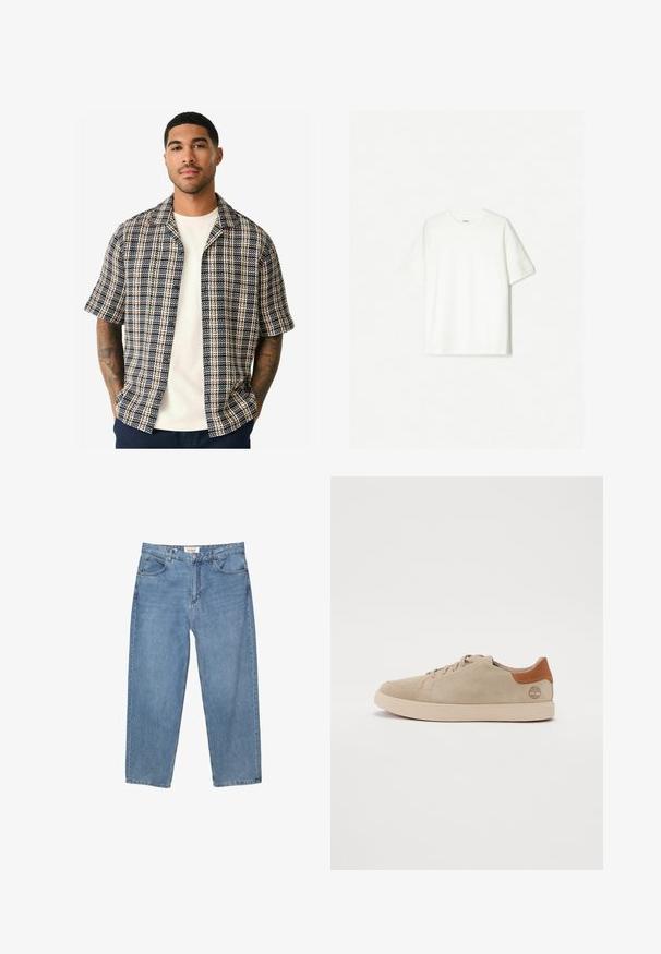 Kortærmet skjorte med et marineblåt, cremefarvet og rustfarvet plaidmønster, lavet af vævet stof med en afslappet pasform og åben krave.; Hvid kortærmet t-shirt lavet af blød bomuld. Rund hals design med en afslappet pasform og ingen synlige logoer eller mønstre.; Lysblå denim jeans med lige ben, fem lomme-designet og et synligt mærkeetiket ved taljen.; Beige ruskind sneakers med et syet design, lys gummisål og brune læderdetaljer på hælen og logoet.