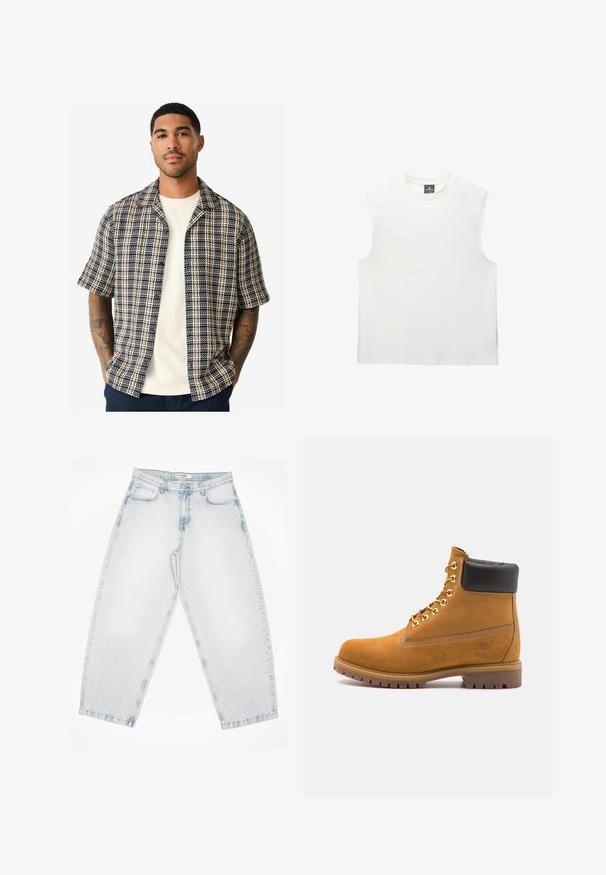 Korte mouwen overhemd met een marineblauw, crème en roestkleurig ruitpatroon, gemaakt van geweven stof met een ontspannen pasvorm en een open kraagontwerp.; Witte mouwloze top met een ronde halslijn, gemaakt van zachte katoen. Heeft een rechte snit en schone randen, zonder patronen of accenten.; Lichtblauwe spijkerbroek met een losse, baggy pasvorm. Heeft vijf zakken, knoopsluiting en gestikte details. Verbleekt textuur en rechte pijpen.; Tan suède enkelboot met zwart gevoerd kraagje, gouden metalen oogjes, witte stikdetails en een robuuste rubberen zool met uitgesproken profiel.