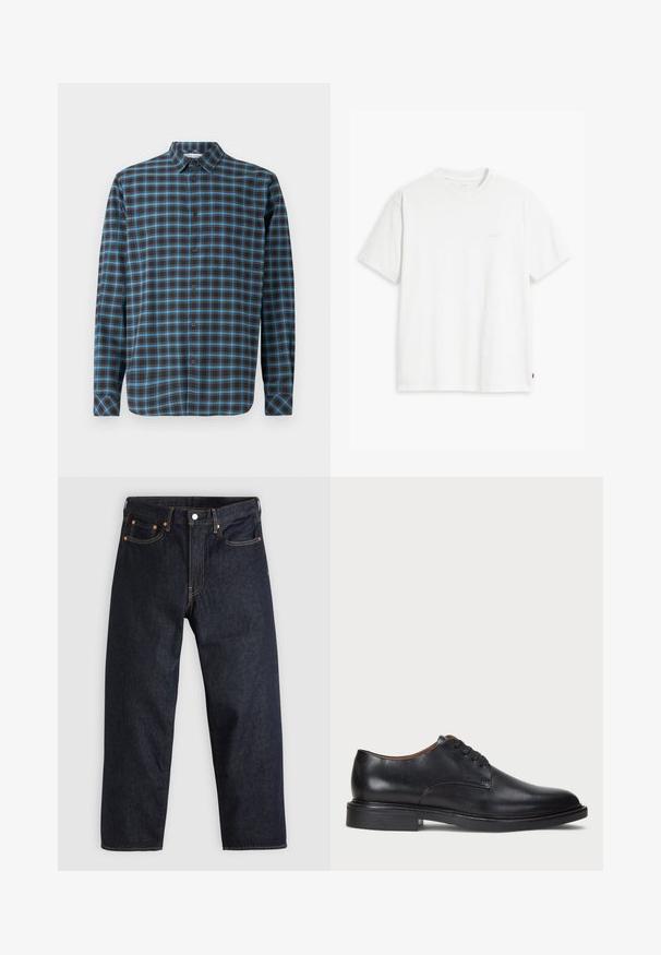 Samsøe Samsøe LIAM - Cămașă - turkish coffee; Tricou alb din bumbac cu mâneci scurte, guler rotund și logo-ul subtil Levi's imprimat în centrul său. Textură moale și croială standard.; Jeans de denim albastru închis, cu croială dreaptă, cinci buzunare, cusături contrastante de portocaliu și fermoar cu buton. Fără modele sau embellishments vizibile.; Pantofle din piele neagră cu vârful rotund, design cu șireturi și toc jos stratificat. Textură netedă cu detalii de cusătură minime.