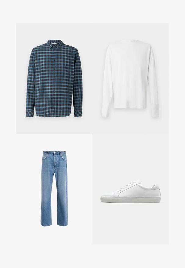 Samsøe Samsøe LIAM - Cămașă - turkish coffee; Cămașă albă din bumbac cu mâneci lungi, decolteu rotund, fante pe laterale la baza, cu o textură netedă, expusă din spate.; Jeans din denim bleu deschis cu un design drept, cinci buzunare, închidere cu buton, decolorare minimă și detalii de cusătură în contrast.; Adidași albi cu o suprafață din piele netedă și un profil jos. Au un vârf rotunjit, șase orificii pentru șireturi și o talpă din cauciuc texturată.