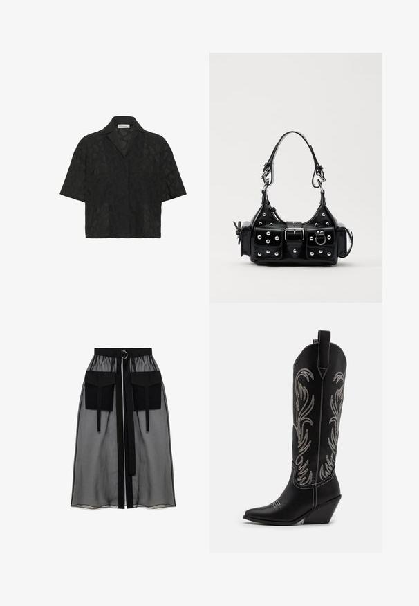 Melna īsām piedurknēm krekls ar struktūrētu ģeometrisku mežģīņu dizainu, ar izgrieztu apkakli un brīvu piegriezumu, kas uzlabo gaisa caurlaidību.; Melnā caurspīdīgā svārka ar salikto jostasvietu, kas ietver divas lielas priekšējās kabatas, jostas saitīti un apaļu metāla akcentu.; Melnas ādas kovboju zābakus ar norādītām pirkstiem, sānām paceltu papēdi un sudraba izšūtām ziedu rakstiem gar zābaka kāju. Kontrasta dūrieni visā zābakā.; Melnas ādas rokturmais ar izliekumu, ar sudraba iedurtiem, sprādzi un divām sānu kabatām. Regulējams siksniņas garums dažādām nēsāšanas iespējām.