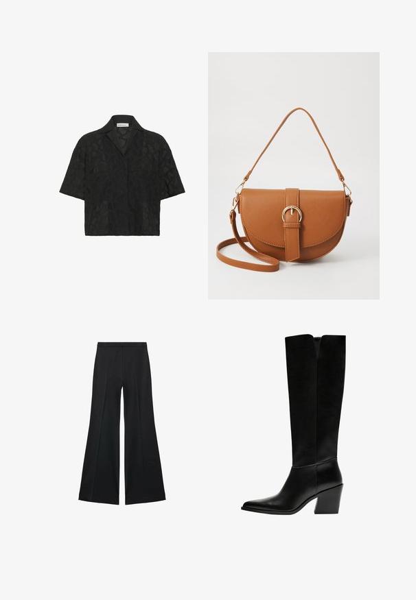Black short-sleeve shirt featuring a textured geometric lace design, notched collar, and a loose fit that enhances breathability.; Black wide-leg pants with a smooth texture, featuring front pleats and a tailored design. The fabric is lightweight and flowy.; Black knee-high boots made of smooth leather, featuring a pointed toe, a block heel, and a V-shaped cutout at the top.; Brown leather crossbody bag with a curved shape, gold hardware, and a buckle accent. Features a detachable shoulder strap.