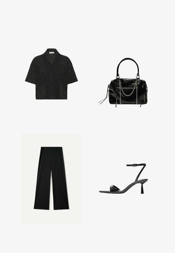 Black short-sleeve shirt featuring a textured geometric lace design, notched collar, and a loose fit that enhances breathability.; Bershka WIDE - Trousers - black; Bershka High heeled sandals - black; Bershka WITH CHAIN - Handbag - black