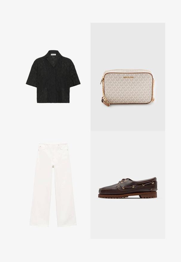 Black short-sleeve shirt featuring a textured geometric lace design, notched collar, and a loose fit that enhances breathability.; White high-waist wide-leg jeans with front button and zip closure, two front pockets, and belt loops.; Brown leather boat shoe with gold eyelets, round laces, and a textured brown rubber sole. Features stitched detailing and a raised logo.; Beige crossbody bag made of canvas with a repeating MK logo pattern, gold hardware, and a chain strap. Features a zip closure and leather accents.
