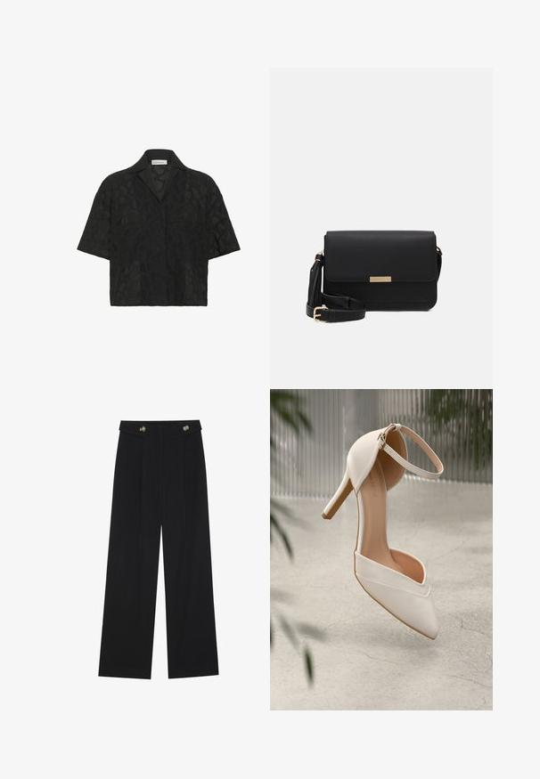 Melna īsām piedurknēm krekls ar struktūrētu ģeometrisku mežģīņu dizainu, ar izgrieztu apkakli un brīvu piegriezumu, kas uzlabo gaisa caurlaidību.; Melnas platās bikses ar augstu jostasvietu, pogu detaļām uz jostas un priekšējām krokām.; Balta augstpapēžu kurpe gludā materiālā ar smailu purngalu un potītes siksniņu. Iekšpuse ir gaiši brūna, un ir zelta tonī detalizējumi.; Melnas ādas crossbody soma ar atloku, zelta aparatūras akcentiem, regulējamu siksnu un teksturētu virsmu. Kompakta taisnstūrveida forma.