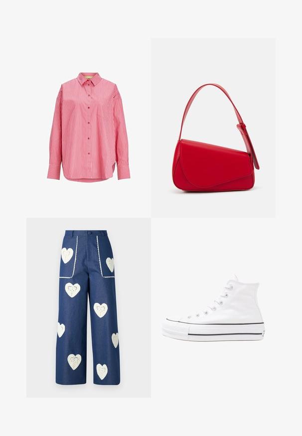 Rdeče in bele črtaste srajce, zasnova s gumbi, dolgi rokavi, ena prsna žepa, mehak material, ukrivljen rob.; Sister Jane HEART TO HEART - Ravne kavbojke - blue denim; Beli visoki platneni športni čevelj z črnim gumijastim podplatom, sprednjim gumijastim zaščitnikom za prste in šestimi luknjicami za vezalke, ki se ponaša s preprostim, minimalističnim dizajnom.; Rdeča usnjena torba z angularnim, geometrijskim dizajnom. Ima en samostoječ nastavljiv ročaj in pokrov, zaprt z zapiranjem, ki je okrašen s šivi.