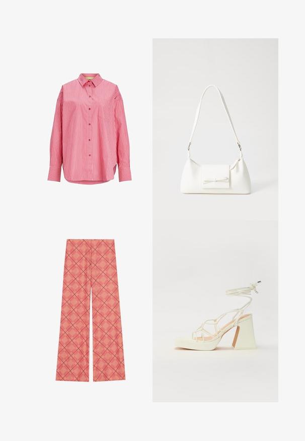 Czerwona i biała koszula w paski, zapinana na guziki, z długimi rękawami, jedna kieszeń na piersi, miękki materiał, zaokrąglony dół.; Spodnie o szerokich nogawkach z wzorzystego materiału w kolorze koralowym, z siatką zawierającą krzyżujące się linie w ciemniejszym odcieniu czerwieni. Miękka tekstura, luźny krój.; Biała sandał na wysokim obcasie z masywnym słupkiem, z paskowym wzorem i wiązaniem przy kostce. Gładka faktura z platformą z przodu dla dodatkowej wysokości.; Biała syntetyczna torba o trójkątnym kształcie, płaskim przednim klapce i detalach w postaci kokardy, regulowanym pasku, gładkiej fakturze oraz minimalistycznym designie.