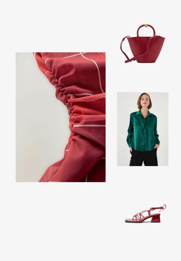 Satinbluse in smaragdgrün mit flachem Kragen, langen Ärmeln und einer Bindeschließe an der Vorderseite. Glatte Textur und lockere Passform.; Roter, strukturierter Stoff mit gerafften Details und weißen Linienmustern, der ein glattes und leicht glänzendes Aussehen zeigt.; Rote Sandalen mit Absatz aus glänzenden Materialien. Sie verfügen über eine quadratische Zehenpartie, ein aufwendiges Riemchen-Design und einen klobigen Blockabsatz.; Rote Lederhandtasche mit abgerundetem Oberteil, strukturierter Kegelform, einem kurzen Henkel und einem abnehmbaren Schultergurt. Verfügt über Akzente aus goldfarbener Hardware.