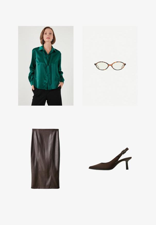 Smaragdgroene satijnen blouse met een platte kraag, lange mouwen en een strikdetail aan de voorkant. Gladde textuur en een Relaxed fit.; Bruine leren kokerrok met een gladde textuur, knie-lang, met verticale naden voor het ontwerp. Geen extra hardware of accenten.; Bruine suede slingback pump met een spitse neus, slank ontwerp, dunne hak en een gespaccent op de enkelband.; Kattenoogbril met ovale lenzen en een strakke, gladde afwerking. Heeft dunne zijkanten met een subtiele kromming bij de slapen. Transparante lenzen.