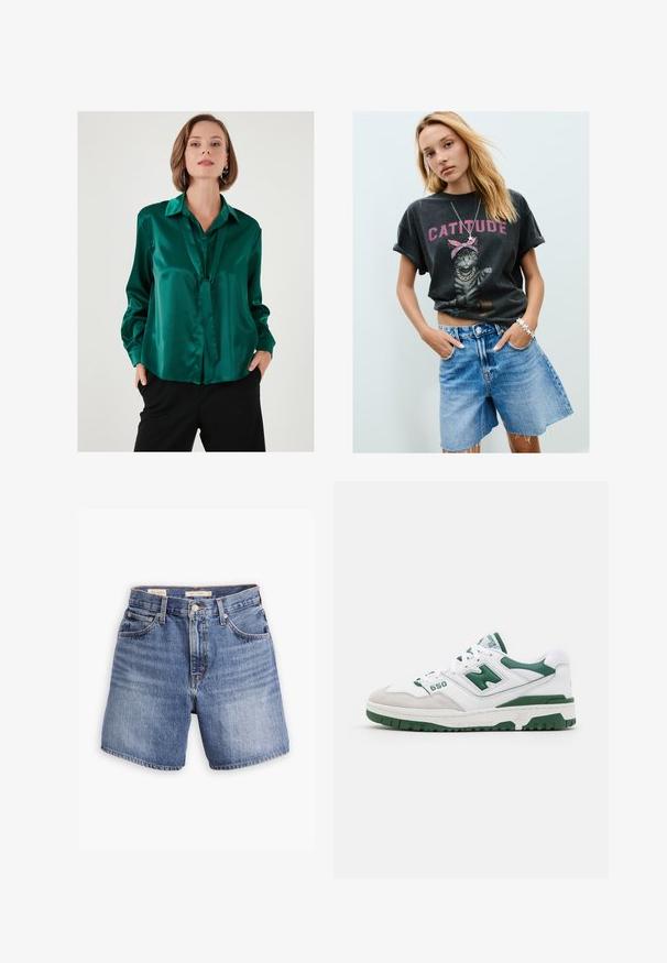 Satenasta bluzica v smaragdno zeleni barvi z ravnim ovratnikom, dolgimi rokavi in detajlom z vezi spredaj. Gladka tekstura in sproščen kroj.; Črna grafična majica s kratkimi rokavi, na kateri je mačka s rožnato bandano in napisom "CATTITUDE", v kombinaciji s svetlo modrimi denim kratkimi hlačami in srebrnim zapestnikom v obliki zvezd.; Denim kratke hlače v srednje modri barvi, z značilnim pet žepnim dizajnom, zapiranjem na gumb in ravnim krojem. Rahlo zbledela tekstura po celotni površini.; Bele športne čevlje bele barve z zelenimi akcenti, teksturirana usnja in suède, perforirani detajli, oblazinjen ovratnik in gumijast podplat. Model številka 550.