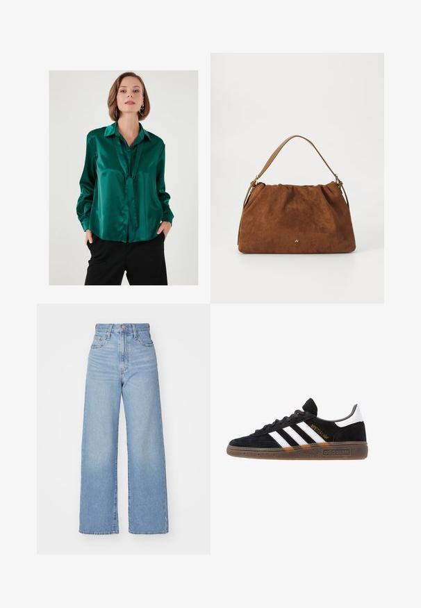 Blouse en satin vert émeraude avec un col plat, des manches longues et un détail à nouer à l'avant. Texture lisse et coupe décontractée.; Jean large taille haute bleu clair avec bouton et fermeture éclair à l'avant, poches avant et arrière, sur fond blanc.; Baskets Adidas noires avec rayures blanches, inscription dorée "Spezial", semelle en gomme et languette blanche au talon, présentées en vue de profil.; Sac à main en daim marron avec un design plissé, arborant une seule sangle en cuir beige et un discret logo doré à l'avant.