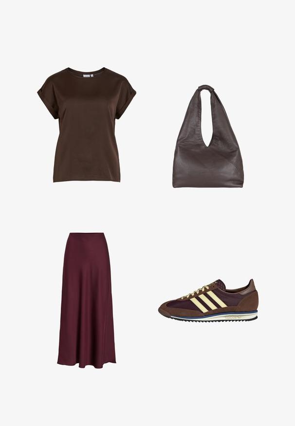 Top marrone a maniche corte con scollatura tonda, realizzato in tessuto liscio, con maniche arrotolate e vestibilità rilassata. Etichetta del marchio visibile.; Gonna maxi in satin bordeaux con una texture liscia, vita alta e una silhouette fluida che si allarga delicatamente verso l'orlo.; Sneaker marrone e bordeaux realizzato in materiali scamosciati e in rete, caratterizzato da tre strisce color crema, tessuto testurizzato sulla linguetta e suola in gomma.; Borsa in pelle marrone con un design morbido e oversize. Presenta un manico ad anello e un'apertura a V profonda per un accesso facile. Texture morbida, stile minimalista.