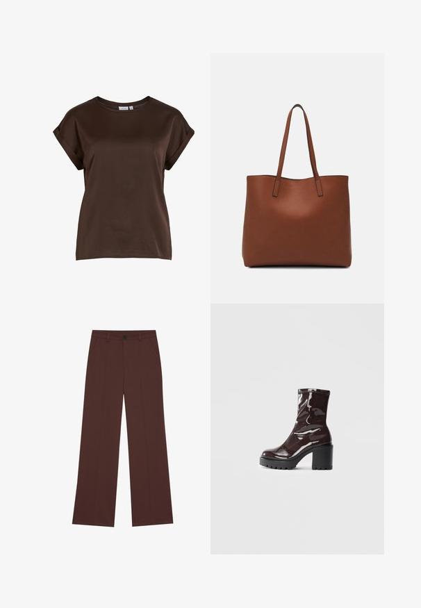 Brown short-sleeved top with a round neckline, made from smooth fabric, featuring rolled sleeves and a relaxed fit. Brand label visible.; Wide-leg trousers in a rich brown fabric. Features a button closure, two front pockets, smooth texture, and clean lines.; Glossy burgundy ankle boot with a chunky black heel, featuring a smooth texture and simple design. No visible fastenings or patterns.; Brown leather tote bag with a smooth texture, open top design, and two shoulder straps. Features minimal stitching and no visible hardware.