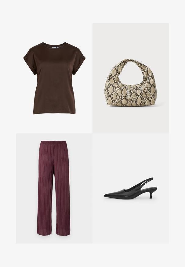 Barna, rövid ujjú felső kerek nyakkal, sima anyagból készült, felgöngyölt ujjakkal és laza szabással. Márkacímke látható.; Sötét bordó pliszírozott nadrág, rugalmas derékpánttal, amely áramló, széles szárú kialakítással és függőleges pliszékkal rendelkezik.; Fekete bőr szandálcipő hegyes orral és karcsú, ívelt sarokkal. Diszkrét, állítható pánttal rendelkezik, fém csattal.; Kígyómintás kézitáska ívelt fogantyúval. Texturált, bézs és barna anyagból készült, jellegzetes gyémántmintával.