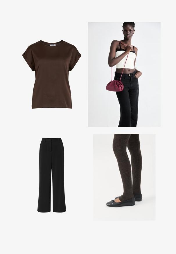 Brown short-sleeved top with a round neckline, made from smooth fabric, featuring rolled sleeves and a relaxed fit. Brand label visible.; Black wide-leg trousers made of smooth fabric. Features a flat front, waistband with belt loops, and two side pockets.; Black flat shoes with a small bow detail at the toe, paired with dark brown ribbed tights. Shoes have a smooth texture and low profile.; Burgundy soft fabric handbag with a gathered design and a long strap, worn crossbody. Model wears a white crop top and black jeans.
