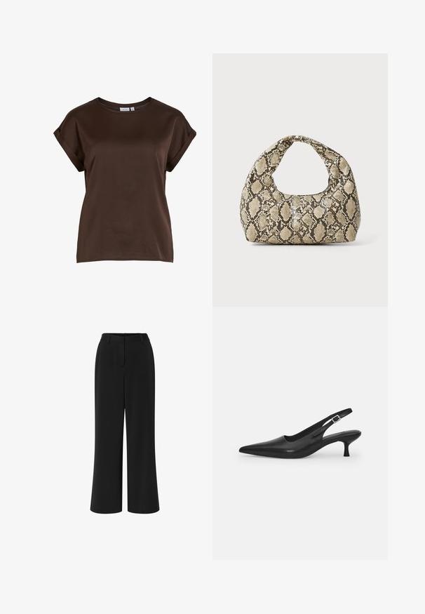 Barna, rövid ujjú felső kerek nyakkal, sima anyagból készült, felgöngyölt ujjakkal és laza szabással. Márkacímke látható.; Fekete, széles lábú nadrág sima anyagból. Lapított eleje, övvel ellátott derék és két oldalsó zseb jellemzi.; Fekete bőr szandálcipő hegyes orral és karcsú, ívelt sarokkal. Diszkrét, állítható pánttal rendelkezik, fém csattal.; Kígyómintás kézitáska ívelt fogantyúval. Texturált, bézs és barna anyagból készült, jellegzetes gyémántmintával.