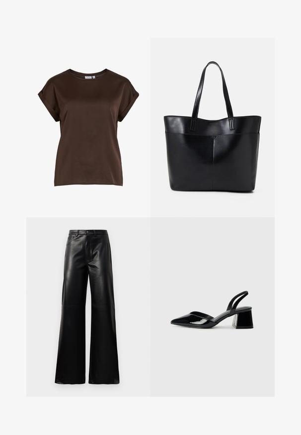 Brązowy top krótki rękaw z okrągłym dekoltem, wykonany z gładkiego materiału, z podwiniętymi rękawami i luźnym krojem. Widoczna metka marki.; Czarne, wysokie na talii, szerokie spodnie z sztucznej skóry z guzikami z przodu, zapięciem na zamek, szlufkami na pasek i bocznymi kieszeniami na białym tle.; Czarne lakierowane półbuty na obcasie z wydłużonym noskiem i geometrycznym słupkiem. Charakteryzują się eleganckim, minimalistycznym designem oraz gładką fakturą.; Czarna skórzana torba na ramię z dwoma długimi uchwytami, gładką teksturą i sztywną formą. Posiada przednią kieszeń dla dodatkowego przechowywania.