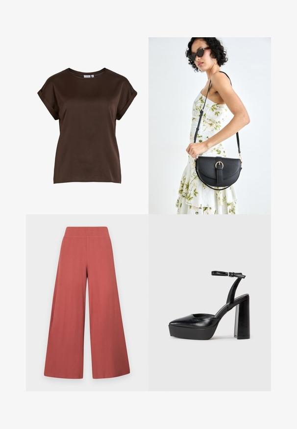 Top marrone a maniche corte con scollatura tonda, realizzato in tessuto liscio, con maniche arrotolate e vestibilità rilassata. Etichetta del marchio visibile.; Pantaloni a gamba larga di colore ruggine, realizzati in tessuto strutturato con costine verticali. Presentano una vita alta ed elastica.; Tacchi a piattaforma neri con punta appuntita e cinturino regolabile alla caviglia. Realizzati in pelle liscia, presentano un tacco a blocco spesso.; Borsa a tracolla nera in pelle con una forma curva, manico rimovibile e accessori dorati. La borsa presenta una patta con un dettaglio a fibbia.