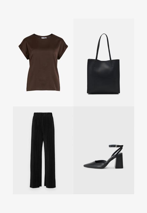 Brun kortermet topp med rund halslinning, laget av glatt stoff, med rullede ermer og avslappet passform. Merkjelden synlig.; Sorte plisserte bukser med elastisk midje. Har vide ben og et glatt, strukturert stoff med vertikale striper.; Svart lær pumps med spiss tå, ankelrem og kraftig hæl. Flat tekstur, strømlinjeformet design og minimalisme.; Svart lær tote bag med glatt tekstur, rektangulær form og to lange håndtak. Ingen synlige deler eller dekorasjoner.