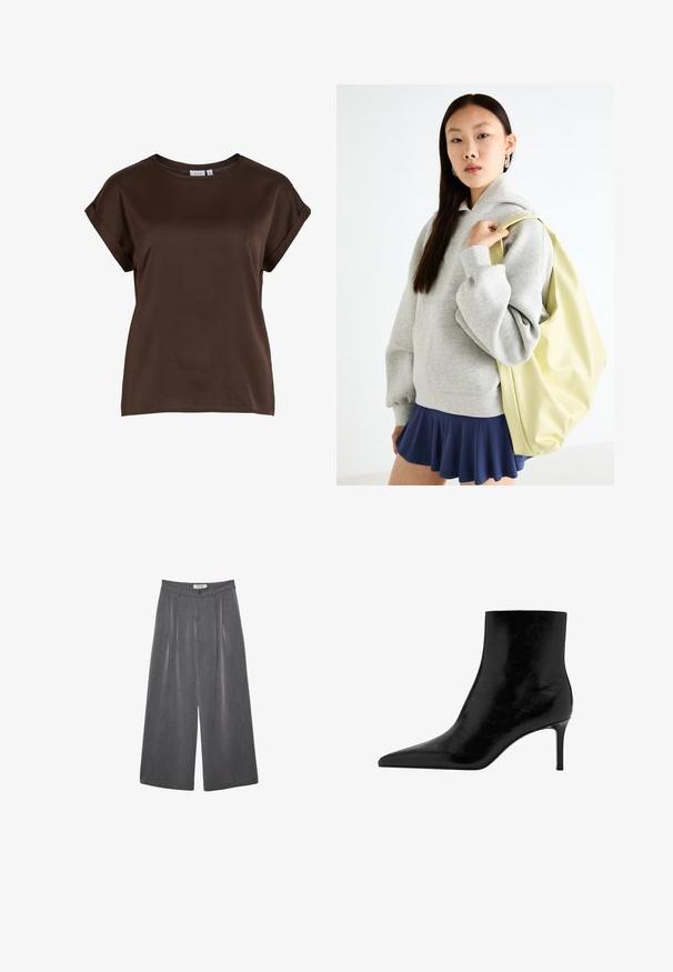 Rjav kratkosledek top z okroglo ovratnico, izdelan iz gladkega materiala, z zavitimi rokavi in sproščenim prileganjem. Vidna oznaka blagovne znamke.; Nabrane hlače širokega kroja v temnosivi tkanini z diskretno teksturo. Opremljene so z gumbom za zapiranje in klasičnim oblikovanjem pasu.; Črne gležnjarke z obliko konicastega prsta, izdelane iz sijoče usnje. Imajo stileto peto in gladko teksturo. Brez vidnih okraskov.; Siva prevelika kapuca s kenguru žepom, uparena s mornarsko plavom suknjom s volanima. Dodatak: veliki svijetložuti ruksak, glatke teksture.