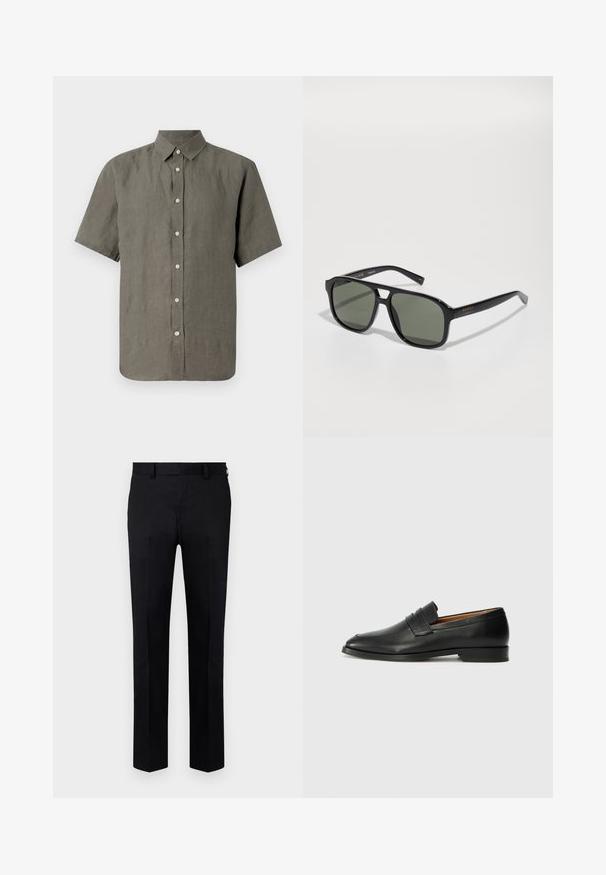 Kortermet skjorte med knapp i mørkegrå lin, med klassisk krage og en rekke lyse knapper foran. Glatt tekstur gjennom hele skjorten.; Sorte bukser laget av glatt stoff, med rett ben design, frontfold og beltestropper i midjen. Ingen synlige mønstre eller detaljer.; Svart skinnloafer med rund tå, subtilt sydd detaljering og lav hæl, med en glatt tekstur og minimalistisk design.; Svarte rektangulære solbriller med grønne linser, blank ramme, metallisk beslag og gulllogo aksent på stangen.