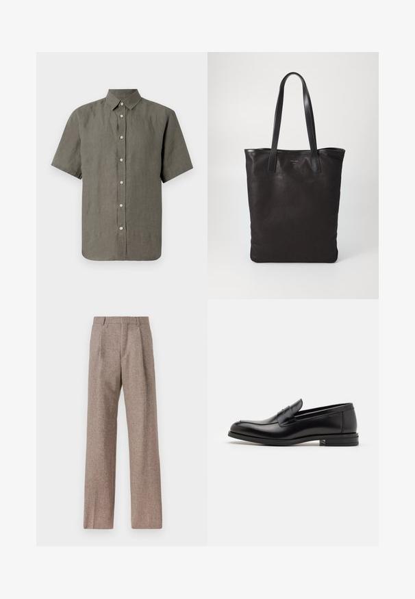 Camisa de manga corta abotonada en lino gris oscuro, con un cuello clásico y una fila de botones claros en la parte delantera. Textura suave en toda la prenda.; Pantalones marrones de cintura alta hechos de una tela texturizada. Presentan piernas anchas y dos pliegues frontales para dar estructura. Acabado limpio sin hardware visible.; Mocasines de cuero negro con una textura suave, puntera redondeada y una tira decorativa en el empeine. Tacón bajo apilado, diseño minimalista.; Bolsa tote de lona negra con asas de cuero negro. Diseño sencillo, cuerpo espacioso y textura suave. Sin logos ni patrones visibles.
