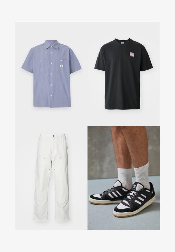 Gaismas zilas īsām piedurknēm pogājamie krekls ar baltām un oranžām vertikālām svītrām, kura priekšpusē atrodas divas krūšu kabatas un zīmola birka.; Melna kokvilnas T-krekls ar apaļu kaklu, īsām piedurknēm un nelielu krāsainu etiķeti kreisajā krūtīs, kurā ir vārds "SUPERIOR".; Baltas kokvilnas kargo bikses ar brīvu piegriezumu. Iezīmes ietver priekšējās kabatas, zeltītas detaļas un pastiprinātas ceļa daļas.; Melnas un baltas kedas ar zamša un ādas augšdaļu, kas aprīkotas ar trim baltām svītrām, perforētu purngali un gumijas zolēm.