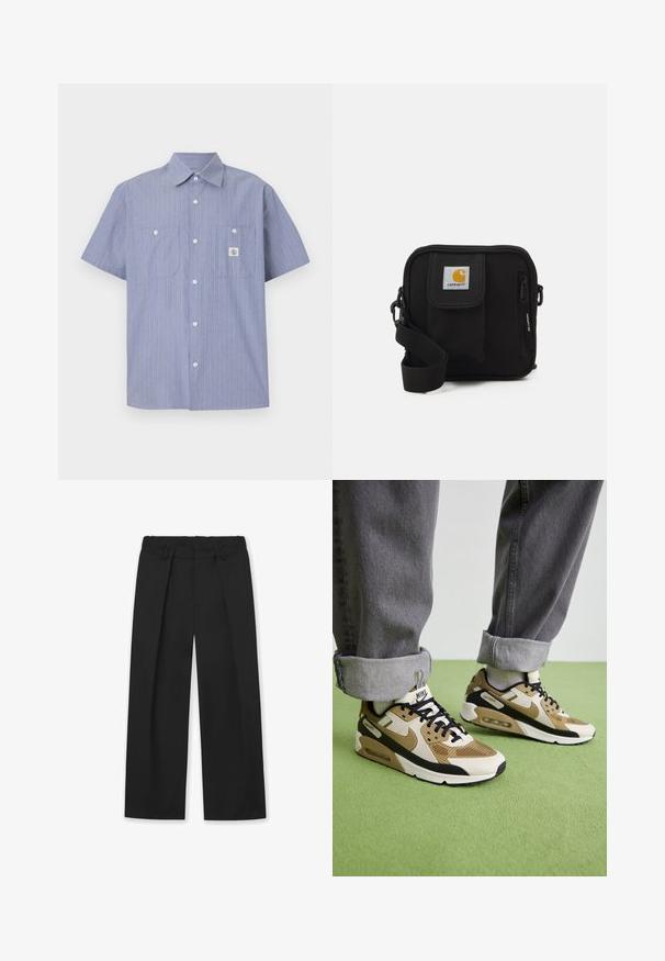 Kortermet skjorte med knapper i lys blå med hvite og oransje vertikale striper, med to brystlommer og et merketikett.; Svarte vid benbukser med flat midje, folder foran og sidelommer. Laget av et glatt, lett materiale.; Nike Air Max 90 sko i beige og svart, med mesh- og lærematerialer, synlig demping og svarte snører.; Svart crossover-veske med en glidelåslukking hovedrom, frontlomme, justerbar stropp og et synlig logo-patch på klaffen.